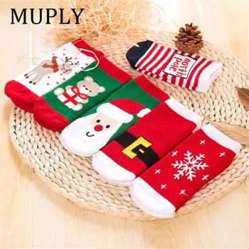 1 чифт памучни чорапи за пролет-зима-есен за малки момичета и момчета, детски шарени хавлиени чорапи с участието на лосове, Дядо Коледа, Коледа мечка