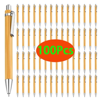 100 бр., химикалка химикалка от бамбуково дърво, на върха на куршум 1,0 мм, черно мастило, химикалка писалка за бизнес подпис, офис-канцеларски материали, ученически пособия