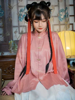 2022 китайски дамски къса риза hanfu с вертикални яка отпред и тъмно-зърнеста картина на династията Мин, яка-часова, ръкав пипа, 2022 дамски къса риза hanfu с вертикални яка отпред
