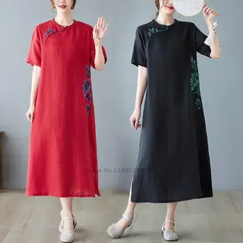 2023 китайското винтажное рокля подобряване на ципао с национална бродерия на цветя рокля ципао от памук и лен чонсам източното народно рокля