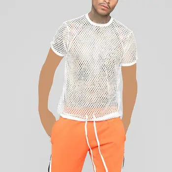 2023 Мъжки t-shirt, однотонная отворена прозрачна градинска облекло, блузи с кръгло деколте и къс ръкав, ежедневни сексуални тениски за почивка