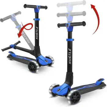 3-колесни сгъваем скутер - играчка скутер с вградени led светлини на колела, технология за лесно маневриране Lean-to-Steer (син)