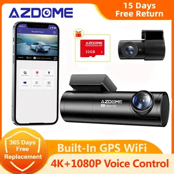 AZDOME M300S Автомобилни Записващи устройства 4K + 1080P Камера за задно виждане (безплатно 32G TF) 800-Мегапикселов обектив GPS WiFi Автомобилен видеорекордер Гласово Управление на Секретаря на Нощно виждане