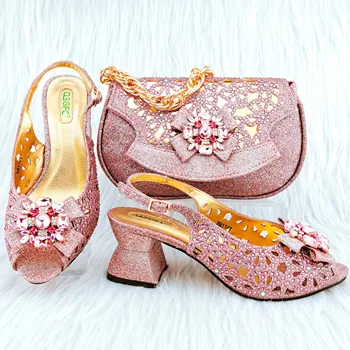 Doershow/ново записване, комплект сватбени обувки и чанти в африканския стил, розови италиански обувки с подходящи торби, нигерийски дамски официални HGY1-46