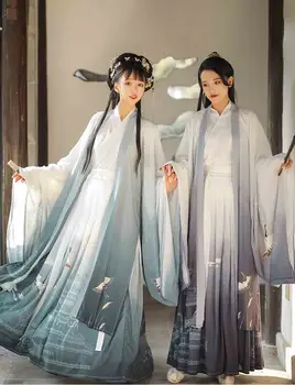 Hanfu Женски китайското традиционно древно рокля Hanfu за двойки, костюм за cosplay на Хелоуин, яке Hanfu сив и син цвят за жени и мъже