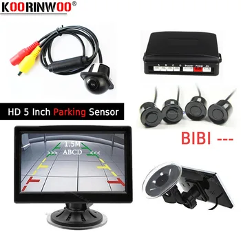 Koorinwoo Parking Kit HD 5-Инчов Автомобилен Резервен Монитор с Дисплей на Изображението, CCD Камера за обратно виждане Сензор за паркиране на Автомобил 4 Радара Парктроник