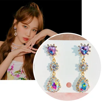 MENGJIQIAO корея, телевизионна звезда, блестящи обеци с кристали във формата на капки с лилаво сърце, дамски официални модни Луксозни висулки, бижута