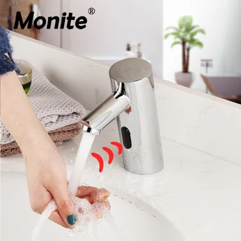 Monite автоматично сензорен кран Хром полиран кратък смесител за мивка в банята, смесител за топла и студена вода, сензорен кран