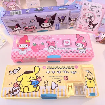 Sanrio Чанта за моливи с набор от ножове за почистване на зеленчуци на Hello Kitty Kuromi Cinnamoroll Двупластова кутия за канцеларски консумативи, Детски ученически пособия подаръци