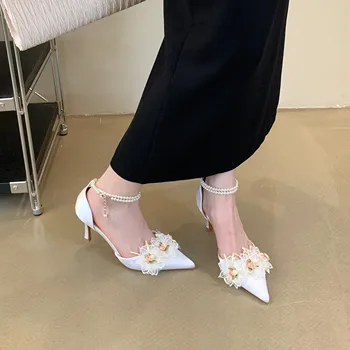 Xibeilove / 2023 нови Летни дамски сандали Модни генитални красивите цветни сандали на тънък ток, с перли, сватбени обувки на висок ток