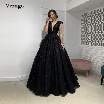 Блестящи черни рокли за бала Verngo трапецовидна форма, с V-образно деколте, къси ръкави, с отворен гръб, блестящи вечерни рокли, Дубай, арабско-секси вечерна рокля