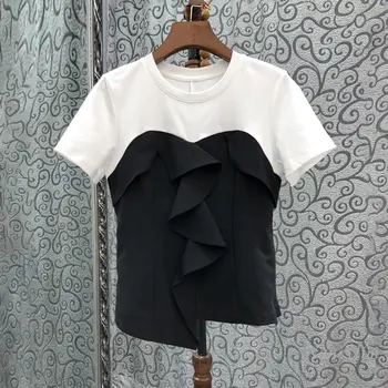 Дамска риза в стил мозайка с нередовни къдри и с къси ръкави, летен дизайн 2023 кръгъл отвор, външен топ-двойка, черна и бяла тениска