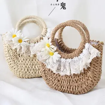 Дамска чанта в стил Лолита, плетени от слама, лейси дамски малка чанта в стил кънтри, хризантема