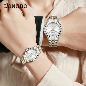 Дамски Мъжки ръчен часовник LONGBO от неръждаема стомана, злато, кварцов механизъм, модерен, с кристали, сребърни дамски, мъжки часовник