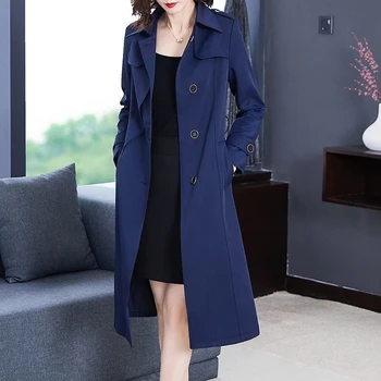 Дамско палто 2023 Пролетно ветровка, однобортный тренч, дамско дълго палто в английски стил, тъмно-син на ревера, дамски връхни дрехи