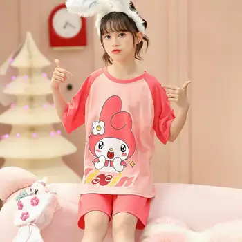 Детска пижама Hello Kitty Sanrio с Аниме Kuromi My Melody, Лятна Пижама с къс ръкав За Момичета, Kawaii Cinnamoroll, Домашно Облекло За Момичета