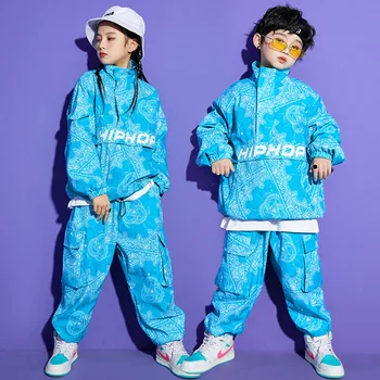 Детски облекла в стил хип-хоп, пуловер със синьо принтом, яке, топ, градинска облекло, панталони-карго за бягане за момичета и момчета, костюм за джаз танци, облекло