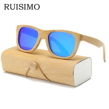 Дървени слънчеви очила за мъже, жени, квадратни бамбукови женски за мъже, дамски огледални слънчеви очила ретро de sol masculino 2017 ръчно изработени с футляром