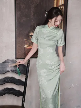 Елегантна Секси Зелена Рокля с Флорални Принтом Чонсам, Китайското Традиционно Тънката Рокля, Костюм с Висока Цепка Qipao