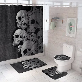Завеса за душ с 3D принтом на черепа, водонепропусклива завеса за баня от полиестер, мини постелки за баня, килим, капака на тоалетната чиния, подложка за домашен декор