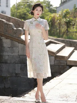 Китайски шифоновый чонсам с бродерия с къс ръкав, елегантна яка-часова, дантелени дамски рокли Qipao