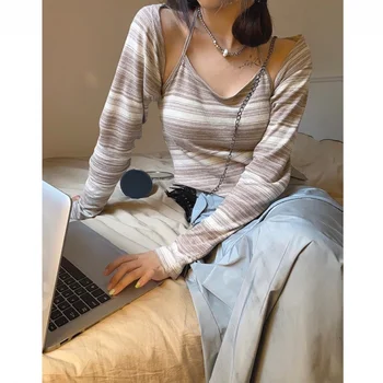 Корейската версия на раиран кардигана-камзола с отложным яка и шал, комплект от две части за жени