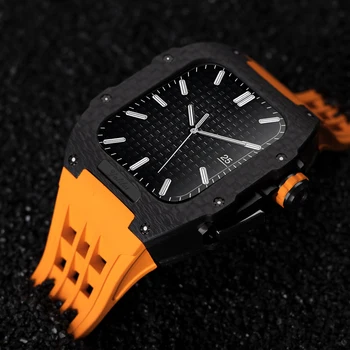 Луксозен калъф от въглеродни влакна за Apple Watch 8 7 45 мм Комплекта модификация на Iwatch Series7 6 5 4 SE 44 мм Корпус от Неръждаема Стомана