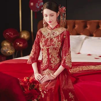 Луксозни Пайети, Бродерия на Мъниста, а шапката, Сватбената Рокля на Булката в традиционен китайски стил Ципао, Рокли Robe De Mariée