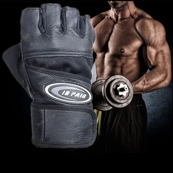 Мъжки спортни ръкавици за бодибилдинг, вдигане на тежести, кожени ръкавици за фитнес, спортни съоръжения, упражнения, най-дългата превръзка на китката без пръсти, черни