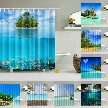 Пейзаж океански острови, завеса за душ, Слънчев кокосов гора, Синята вода, изглед към морето, декор за баня, водоустойчив текстилен куки, пердета