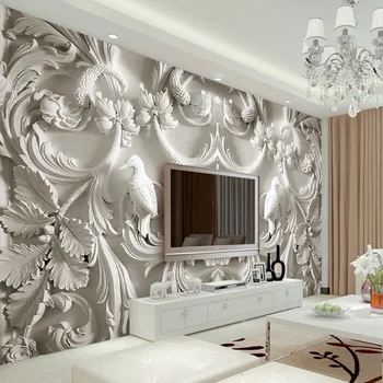 Потребителски стенни тапети, всякакъв размер Бял Класически европейски стил с релефни 3D стерео хол ТЕЛЕВИЗИЯ Фон стенописи Тапети