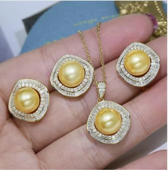 Прекрасна АААА 9-10 мм златна перла с висулка-карамфили на Южното море, обеци и пръстен, комплект 925 s