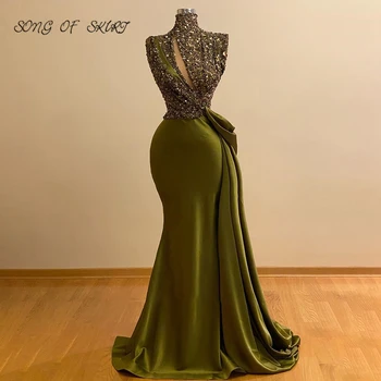 Прекрасни вечерни рокли на русалка с високо воротом, пайети, атласное-секси вечерна рокля с цепка, сшитое по поръчка, зелено-секси вечерна рокля