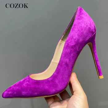 Пролетно-есенни нови дамски обувки на висок ток от висококачествен велур, с остър пръсти и финия силует, чубрица обувки за модно ревю, банкетни тънки обувки