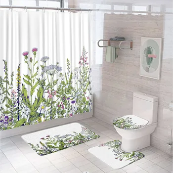 Пролетно цвете завеса за душ, параван за баня, акварельное цвете, растение, противоскользящий подложка за баня, капака на тоалетната чиния, килим, половичок