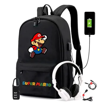 Раница за ученици за начално и средно училище Mario, USB зареждане, по-голям капацитет, чанта за компютър за пътуване на открито