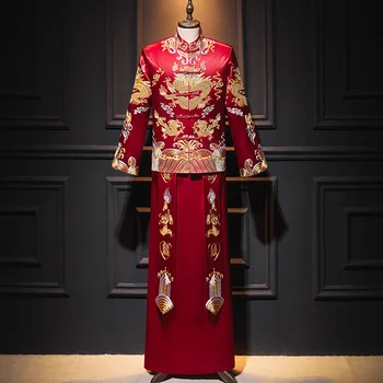 Сватбени рокли на младоженеца Ципао с бродерия red dragon в китайски стил, костюм Тан Ханфу, традиционното мъжко облекло