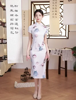 Секси елегантна празнична рокля с флорални принтом, расшитое мъниста, Ципао реколта в китайски стил, източно рокля с къс ръкав