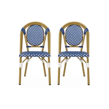 Улични френски столове за бистро Drew, Комплект от 2, Сини, Бели, С бамбук тапицерия, комплект градинска мебели за тераса