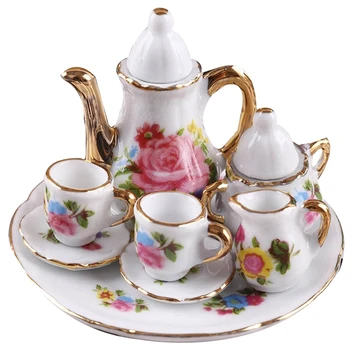 1:12 Миниатюрен порцеланов комплект чаени чаши Керамични съдове Чайник Кухненски аксесоари за куклата къща Декор от куклен дом