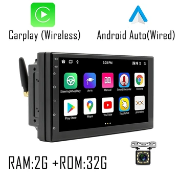 7-Инчов Авто радио Carplay Android Auto, 2 + 32G Android 10,1 2Din GPS Мултимедиен плеър с Bluetooth, FM, Камера, Огледална линк