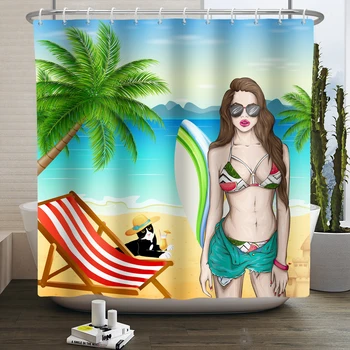 Лятна завеса за душ със сладка аниме плажната момиче, завеса за баня с единорогом, здравей, слънце, водоустойчиви аксесоари за баня с куки 12 бр.