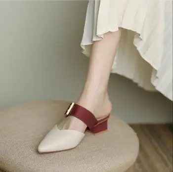 Модерна нова дамски обувки, кожени дамски чехли с остри пръсти, популярна марка, дизайнерски сандали-пързалки, плажни дамски чехли