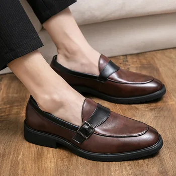 Мъжки Ежедневни Бизнес Кожени обувки с катарама Голям размер, Модни Официалната Мъжки обувки, Черни обувки за Сватба, Лоферы PX049