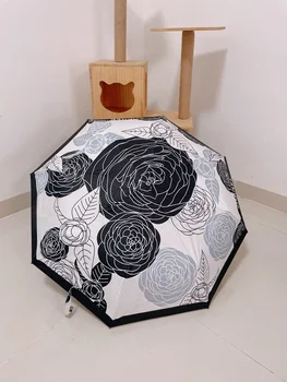 Нов сгъваем чадър с автоматично отваряне и прибиране Прозрачен чадър с черно лепило за защита от слънцето и ултравиолетовите чадър