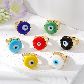 Позлатените неправилна форма кръгъл пръстен от мед, от уроки, женски ново модно уникално стъкло, турски синьо око, регулируеми вечерни сватбени декорации