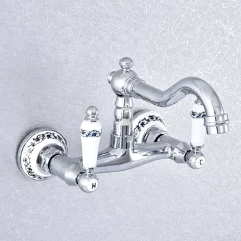 Полиран хромиран месинг стенен смесител за баня, на кухненски мивки, въртящи се кранове, смесителни двойна керамична дръжка