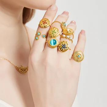 Реколта геометрични пръстени с цветни естествен камък за жените, пръстен от неръждаема стомана златист цвят, тюркоазени окачване, отворени широки пръстени, бижута